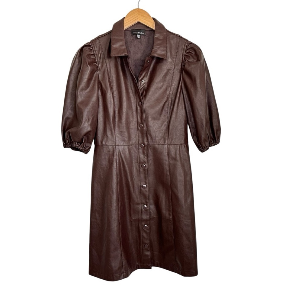Lucy Paris Faux Leather Short Sleeve Snap Button Front Dress Sz Small Brown